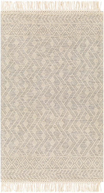 Close-up of the Erica Wool Rug with Tassels. Bone and cloud gray geometric pattern, hand woven texture. Design-Rectangle-58