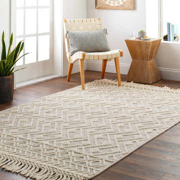 Entryway with bone Erica Wool Rug. Farmhouse style with geometric pattern and tassels. Roomscene-Rectangle