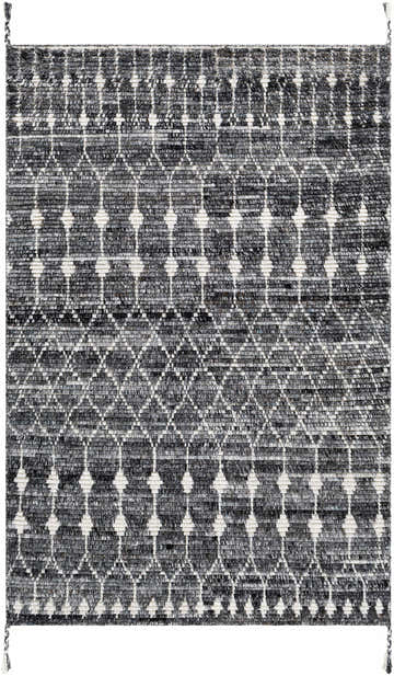 Close-up of the Erina Premium Rug, featuring a black, charcoal, and cream geometric pattern and hand-knotted texture. Design-Rectangle-576