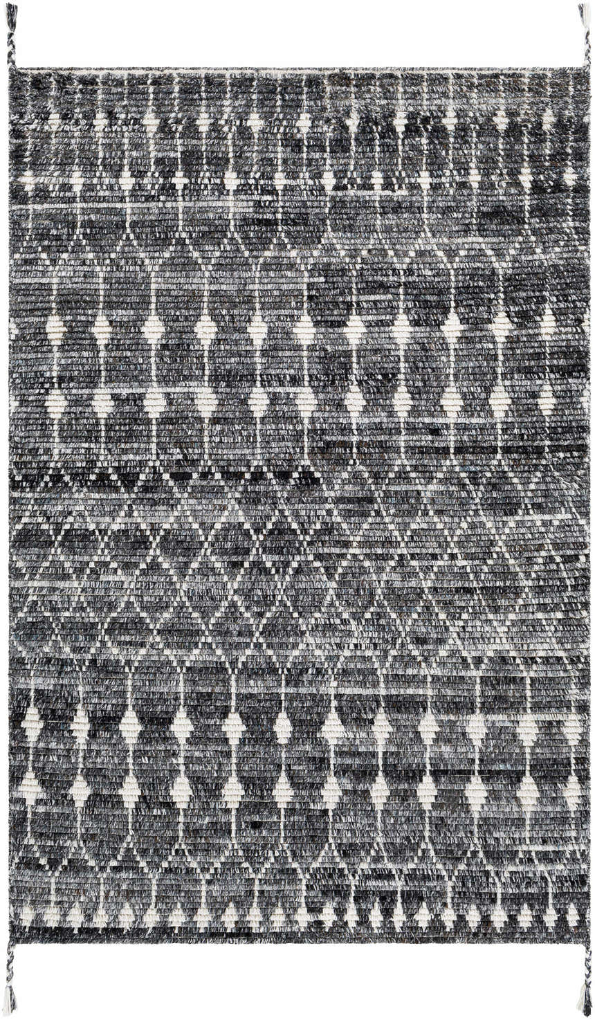 Close-up of the Erina Premium Rug, featuring a black, charcoal, and cream geometric pattern and hand-knotted texture. Design-Rectangle-576