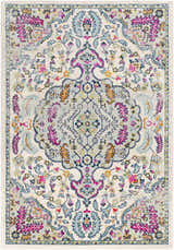 Detailed view of the Errol Area Rug. Bohemian style with aqua, pink, yellow, and burnt orange floral patterns on a white background. Design-Rectangle-5373