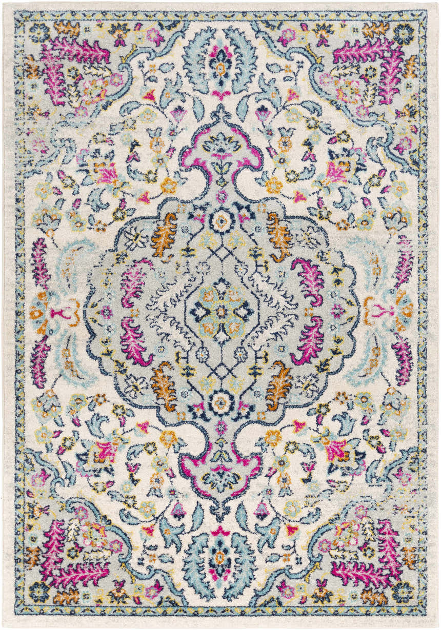 Detailed view of the Errol Area Rug. Bohemian style with aqua, pink, yellow, and burnt orange floral patterns on a white background. Design-Rectangle-5373