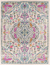 Close-up of the Errol Area Rug. Bohemian style rug with aqua, pink, orange, and blue floral and medallion pattern. Design-Rectangle-710103
