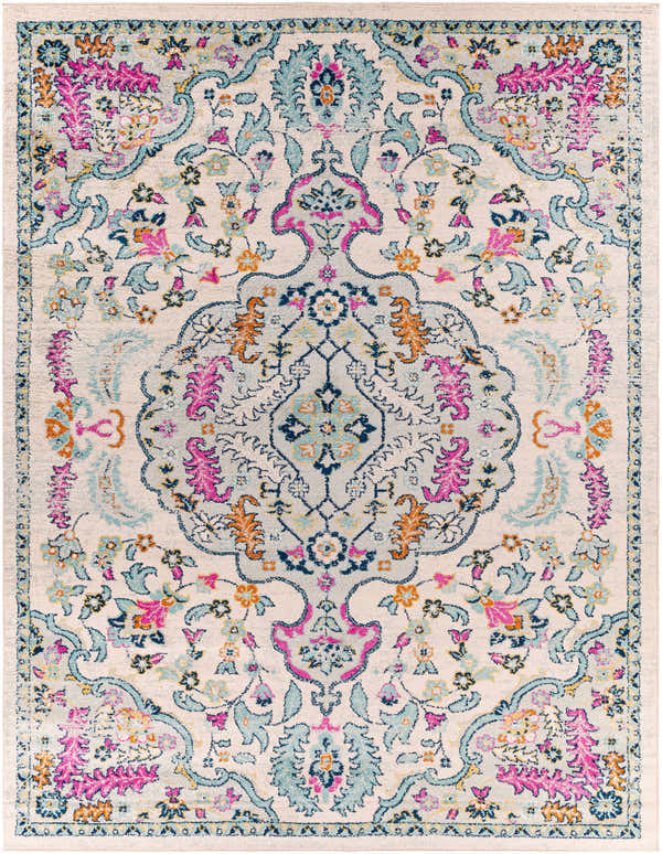 Close-up of the Errol Area Rug. Bohemian style rug with aqua, pink, orange, and blue floral and medallion pattern. Design-Rectangle-710103