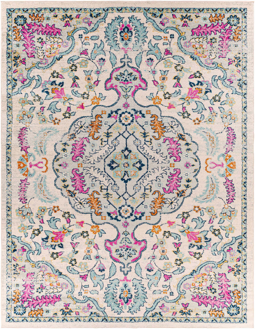 Close-up of the Errol Area Rug. Bohemian style rug with aqua, pink, orange, and blue floral and medallion pattern. Design-Rectangle-710103