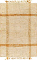 Close-up of the Errin Jute Area Rug, showcasing its beige and camel geometric pattern, natural jute texture, and fringed edges. Design-Rectangle-576
