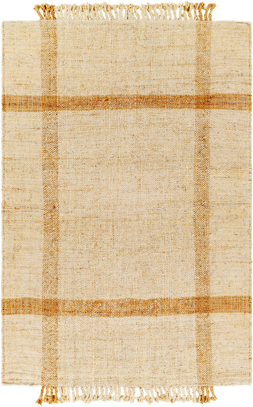 Close-up of the Errin Jute Area Rug, showcasing its beige and camel geometric pattern, natural jute texture, and fringed edges. Design-Rectangle-576