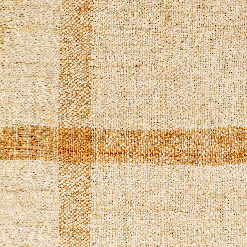 Close-up of the Errin Jute Area Rug showing beige and camel geometric pattern and hand-woven jute texture. Swatch