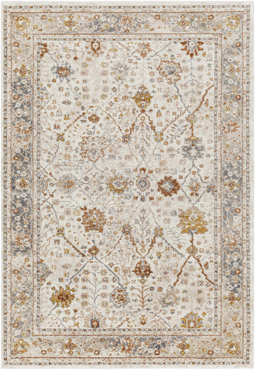 Close-up of the Paatan Luxe Floral Oushaq Area Rug. Features a traditional floral pattern in ivory, gold, brown, and gray tones. Design-Rectangle-5373