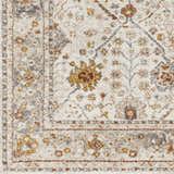 Close-up of the Paatan Luxe Floral Oushaq Area Rug, showcasing its floral pattern in cream, gold, brown, and gray tones. Swatch