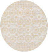 Close-up of the round Estefania Washable Area Rug. Gray rug with light gray and mustard floral medallions. Design-Round-67