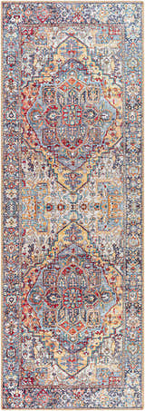 Detailed view of the Neyland Iris Area Rug 2358 with beige, red, blue, and gold tones in a traditional oriental pattern. Design-Runner-2676