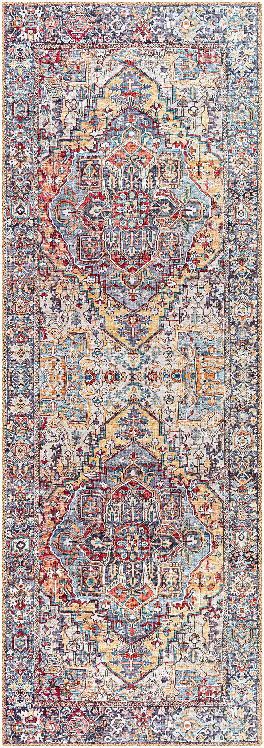 Detailed view of the Neyland Iris Area Rug 2358 with beige, red, blue, and gold tones in a traditional oriental pattern. Design-Runner-2676