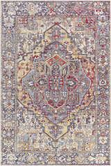 Detailed close-up of the Neyland Iris Area Rug. Features a traditional, bohemian pattern in beige, red, blue, and olive tones. Design-Rectangle-576