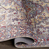 Close-up of the Neyland Iris Area Rug. Beige, brick red, and navy create a traditional, oriental pattern. Fold