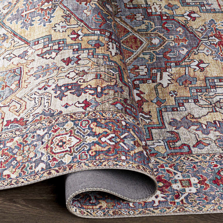 Close-up of the Neyland Iris Area Rug. Beige, brick red, and navy create a traditional, oriental pattern. Fold