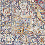 Close-up of Neyland Iris Area Rug. Beige, blue, and rust colors in a traditional, ornate, and detailed pattern. Swatch