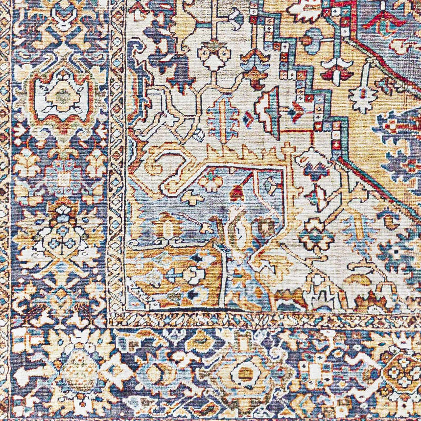 Close-up of Neyland Iris Area Rug. Beige, blue, and rust colors in a traditional, ornate, and detailed pattern. Swatch