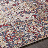 Close up of the Neyland Iris Area Rug, a beige rug with brick red, navy, and olive traditional patterns. Texture