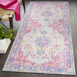 Hallway scene with Eufaula Area Rug. Bohemian style runner rug in burgundy, gray, lavender, purple, red, seafoam, and yellow. Roomscene-Runner