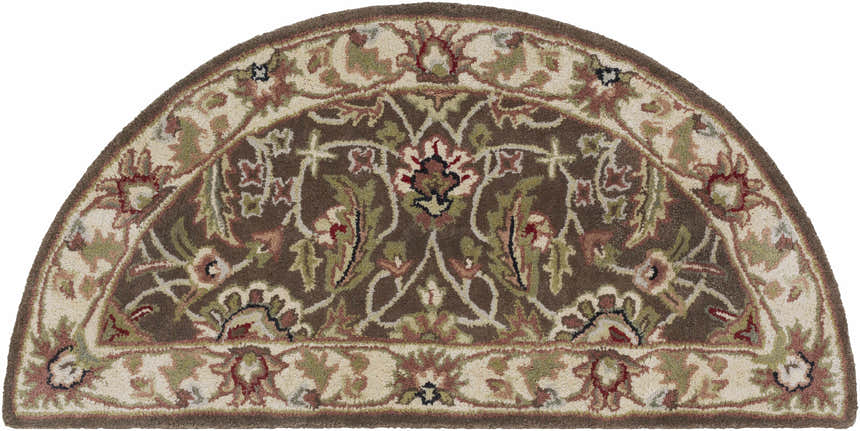 Close-up of a hearth-shaped Eupora Wool Rug. Brown rug with floral pattern in red, green, and cream. Hand-tufted wool texture. Design-Hearth