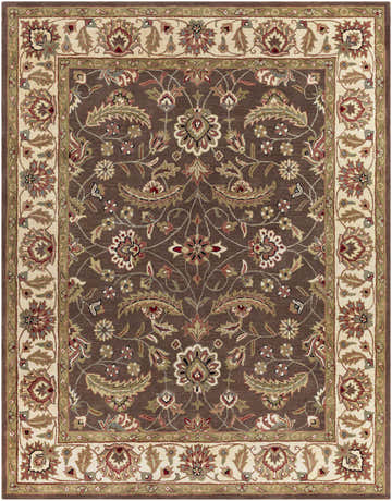 Detailed floral pattern on a brown Eupora Wool Rug. Traditional style with red, green, and beige accents. Design-Rectangle-7696