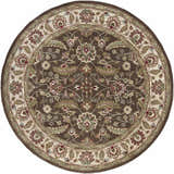 Detailed floral pattern of the round Eupora Wool Rug in brown, red, olive, and cream. Design-Round-8