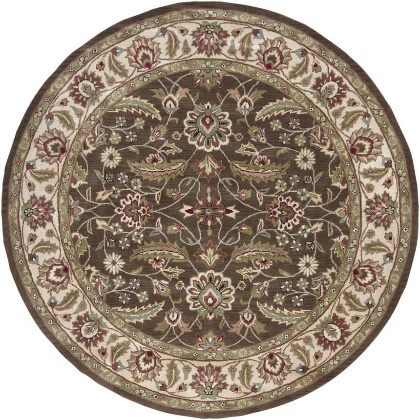 Detailed floral pattern of the round Eupora Wool Rug in brown, red, olive, and cream. Design-Round-8