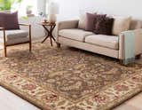 Living room scene with a brown floral Eupora Wool Rug, beige sofa, and wood chair. Traditional style. Roomscene-Rectangle