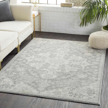 Living room scene with a gray and beige Everglades Area Rug, white sofa, and neutral decor. Roomscene-Rectangle
