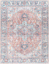 Close-up of the Evony Washable Area Rug in bone, dark gray, and silver blue. Traditional vintage style with a distressed pattern. Design-Rectangle-5373