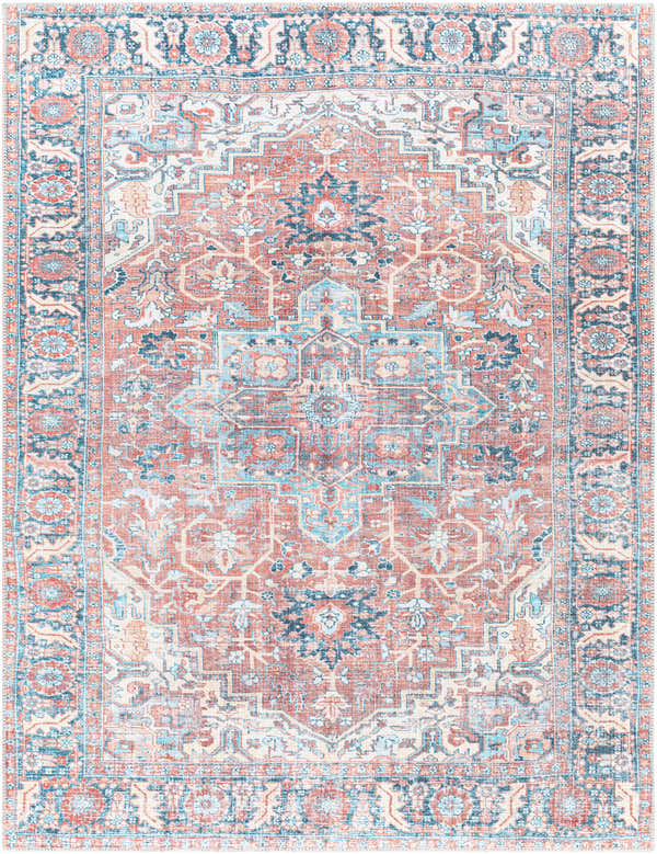 Close-up of the Evony Washable Area Rug in bone, dark gray, and silver blue. Traditional vintage style with a distressed pattern. Design-Rectangle-5373