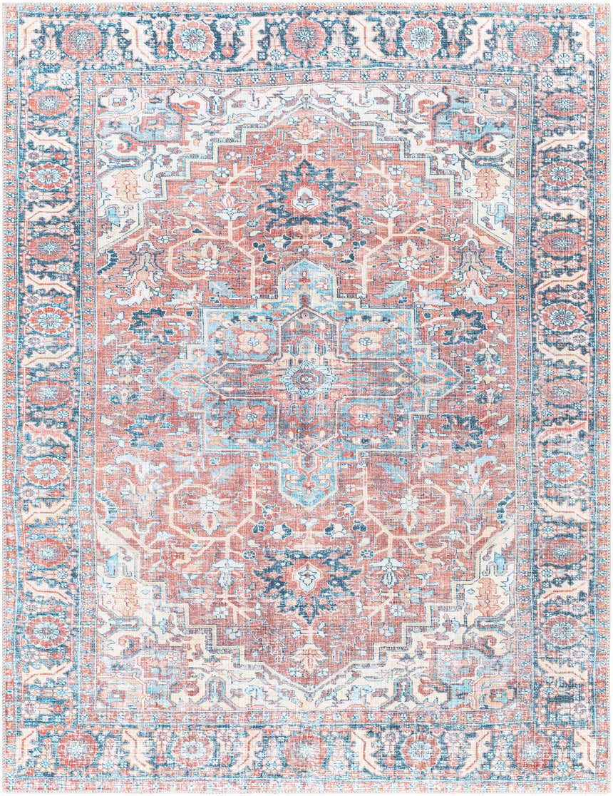 Close-up of the Evony Washable Area Rug in bone, dark gray, and silver blue. Traditional vintage style with a distressed pattern. Design-Rectangle-5373