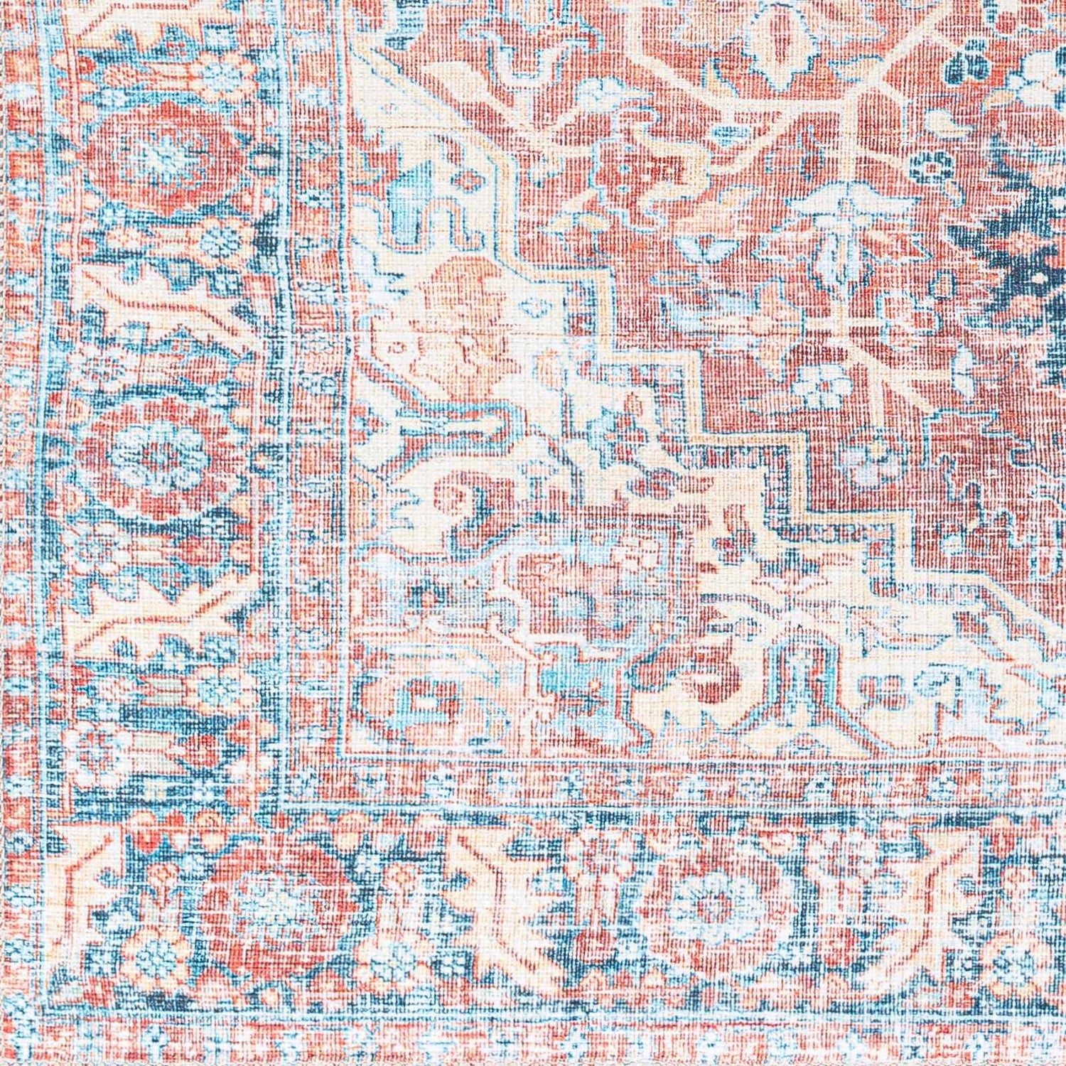 Close up of the Evony Washable Area Rug in bone, faded driftwood, and silver blue. Traditional vintage style. Swatch