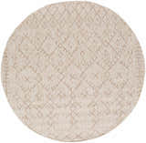 Close-up of round Maunawili Cream Nordic Rug. Beige and cream tones with a subtle diamond pattern and woven texture. Design-Round-53