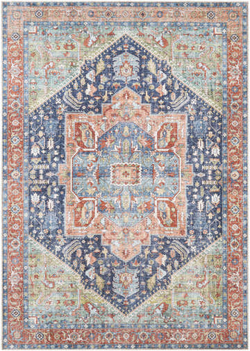 Detailed view of the Exira Washable Area Rug with a Persian-inspired design in blue, brick red, camel, and sage. Design-Rectangle-5373