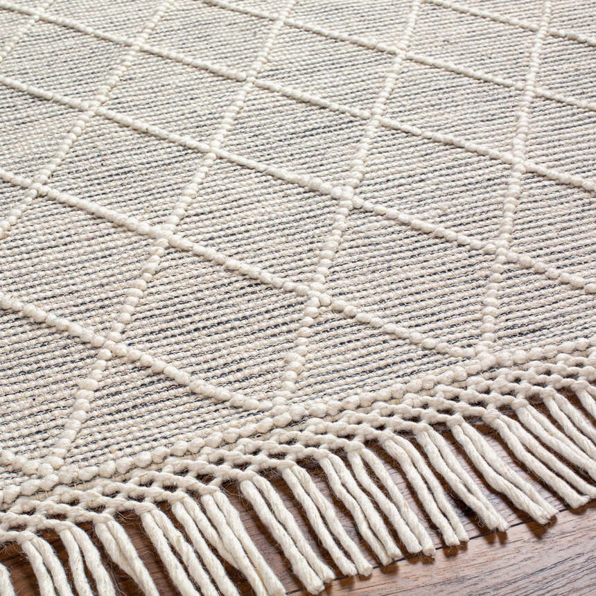 Close-up of the Ezria Wool Rug. Bone geometric pattern with tassels on a hand woven rug. Texture