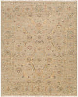 Close-up of the hand-knotted Fabre Area Rug. Beige, ivory, mauve, and gray floral pattern on wool with fringe. Design-Rectangle-810