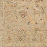 Close-up of the Fabre Area Rug showing beige, ivory, and mauve floral and geometric patterns in hand-knotted wool. Swatch