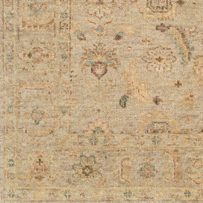 Close-up of the Fabre Area Rug showing beige, ivory, and mauve floral and geometric patterns in hand-knotted wool. Swatch