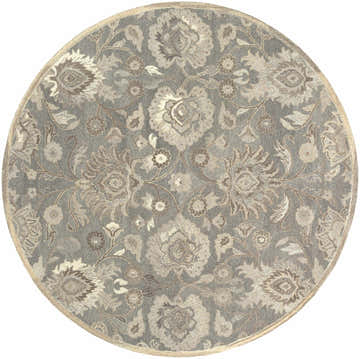 Close-up of round Conesus 1195 rug. Hand tufted wool rug in ivory and taupe with a traditional floral pattern. Design-Round-8