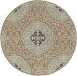 Round Farina Area Rug in dusty sage, light beige, olive, and tan. Hand-tufted polyester rug with a floral medallion pattern. Design-Round-8