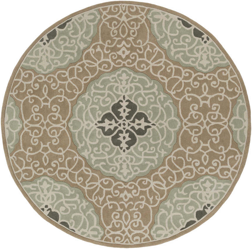 Round Farina Area Rug in dusty sage, light beige, olive, and tan. Hand-tufted polyester rug with a floral medallion pattern. Design-Round-8