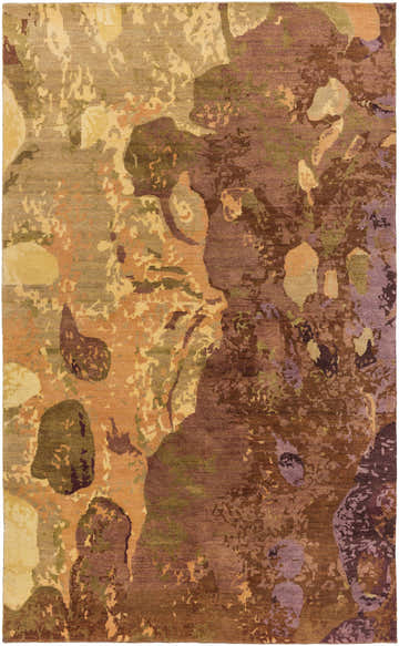 Close-up of the Farnworth Area Carpet. Hand-knotted wool rug with camel, brown, mauve, olive, and wheat abstract pattern. Design-Rectangle