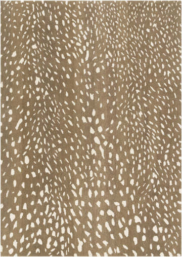 Close-up of the Athena Brown Giraffe Print Wool Rug. Cream spots on a light brown, hand-tufted wool rug. Animal print design. Design-Rectangle-58
