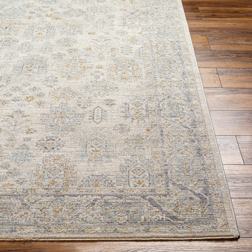 Close-up of the Coby Sage Avant Garde rug showing its traditional pattern, teal, brown, and gray colors, and soft texture. Front