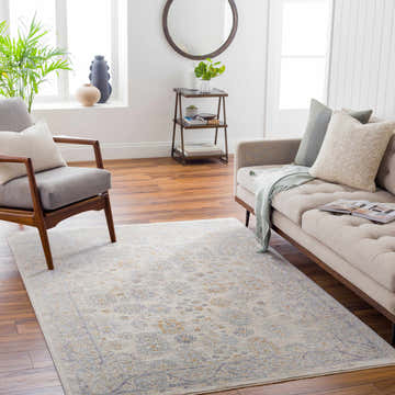 Living room with beige sofa and Coby Sage Avant Garde rug. Farmhouse style with wood floors, gray chair, and natural light. Roomscene-Rectangle
