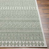 Close-up of Madras Natural Gray Green All Over Performance Area Rug with geometric patterns and a textured weave. Front
