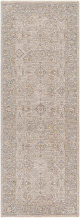 Close-up of the Feray Thick Luxe Area Rug. Traditional design in cloud gray, nutmeg, and brown tones. Machine woven polyester rug. Design-Runner-2773