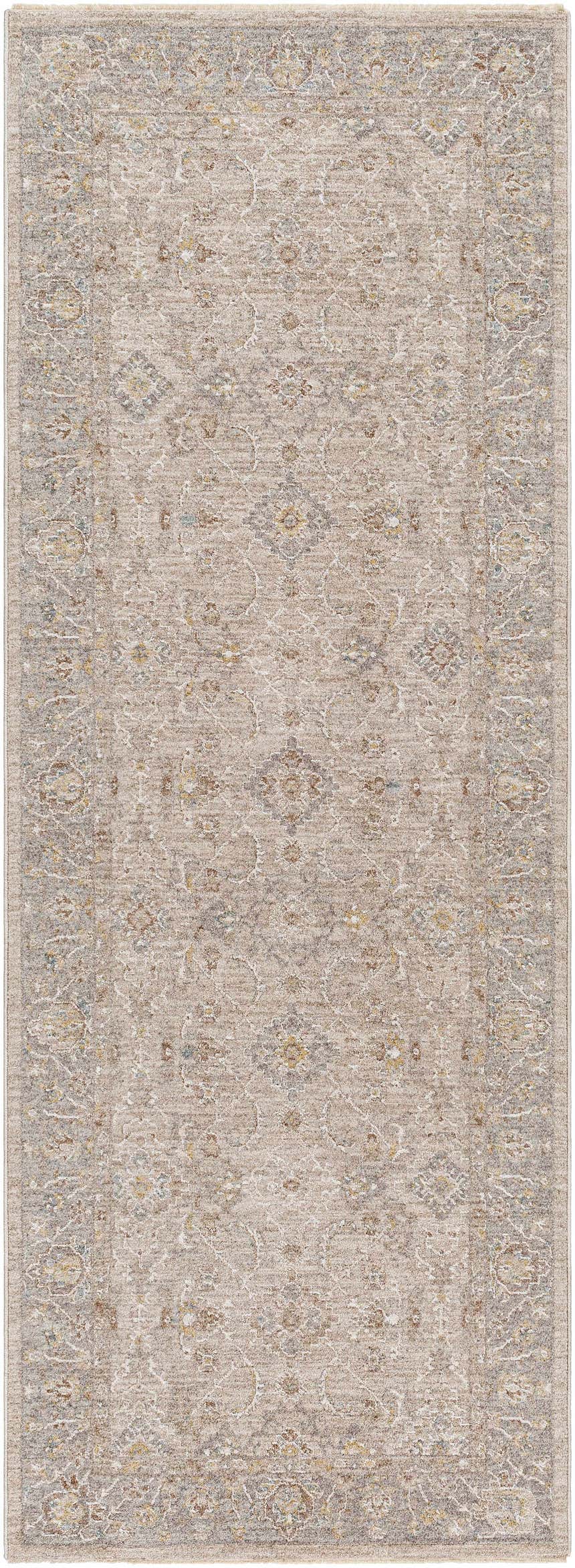 Close-up of the Feray Thick Luxe Area Rug. Traditional design in cloud gray, nutmeg, and brown tones. Machine woven polyester rug. Design-Runner-2773
